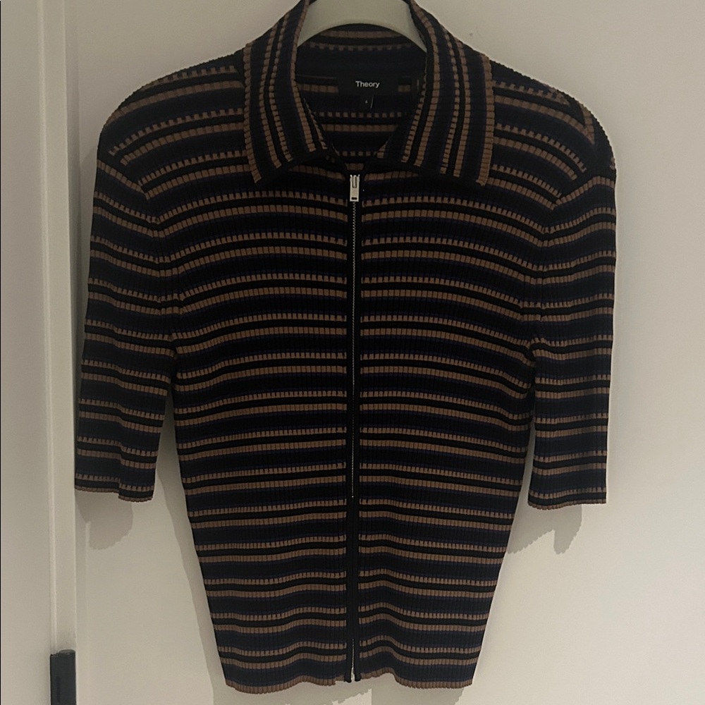 Theory Black and Tan Striped Zip-Up Top